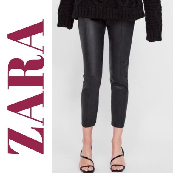 ZARA FAUX LEATHER PANTS MID RISE ANKLE ZIP BLACK GOTHCORE BIKER STREETWEAR, MED - Picture 5 of 16